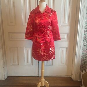 Vintage Fredrick's of Hollywood Y2K Red Brocade Two Piece Suit, Skirt Jacket